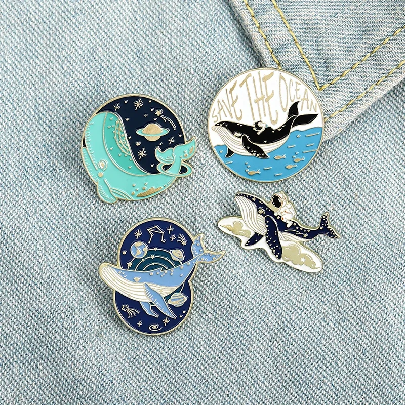 Save The Ocean Enamel Pins Astronaut Whale Adventure In Space Brooch Pin Badge for Bag Lapel Jewelry Gift for Friends Wholesale