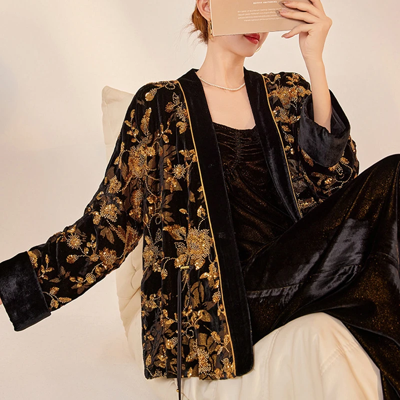 

Изысканный женский шелковый кардиган в китайском стиле Ханьфу с вышивкой в технике «горячая штамповка», бисером и пайетками, топ-ципао