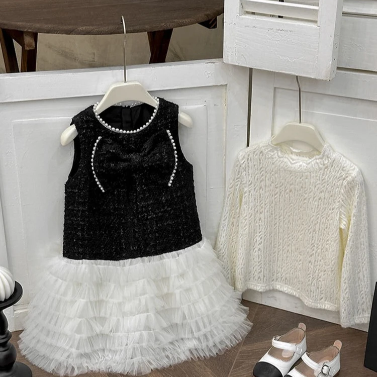 Girls Suit 2025 Autumn and Winter New Childrens Clothing Girl Baby Thousand Gold Sleeved Sundress Lace Bottom Shirt Two Sets