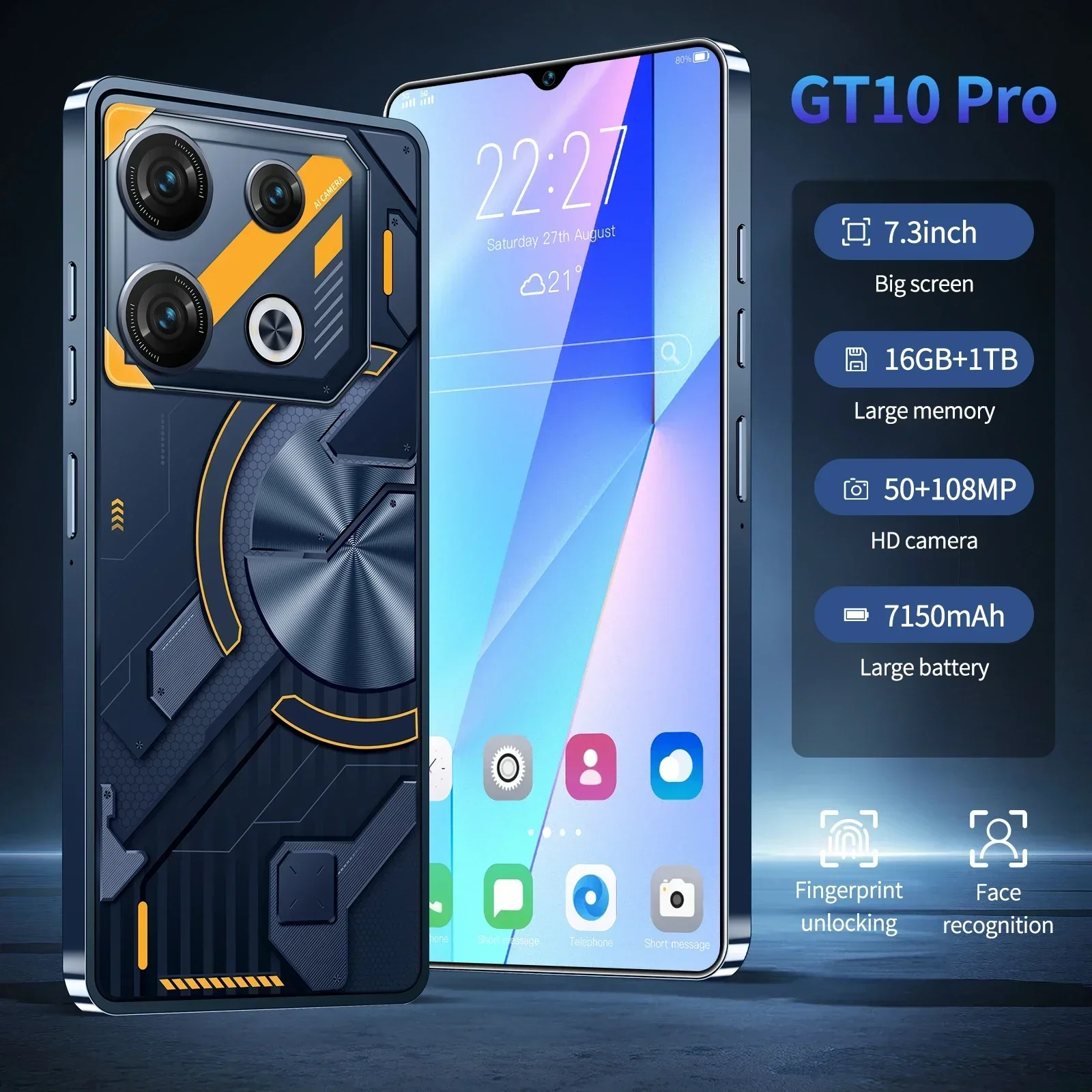 

2024 GT10 Pro 5G Original Smartphone 7.3inch HD 16G+1TB Cell Phone Dual SIM Mobile Phones 7150mAh Cellphones Unlocked Android