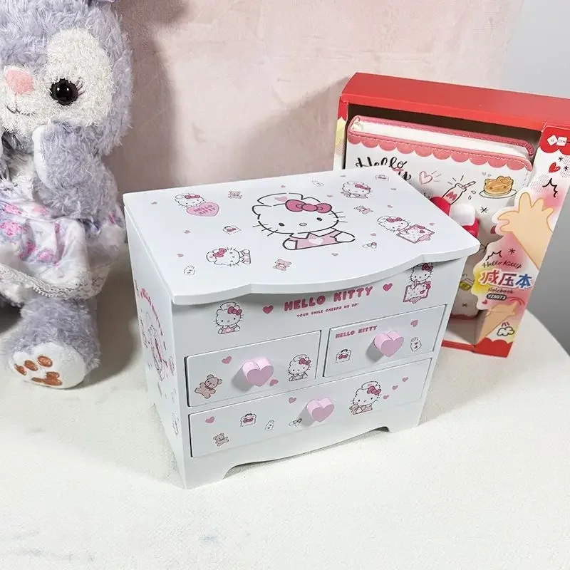 

Sanrio Kawaii Hello Kitty Wooden Drawer-type Jewelry Storage Box My Melody Kuromi Anime Cartoon Desktop Hairpin Organizer Boxes