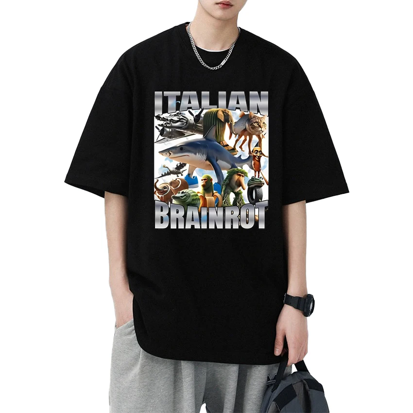 

Summer Italian Brainot Funny Meme Graphic short sleeve T-shirts Men Women harajuku Cartoon T shirt Unisex Casual 100% Cotton Top