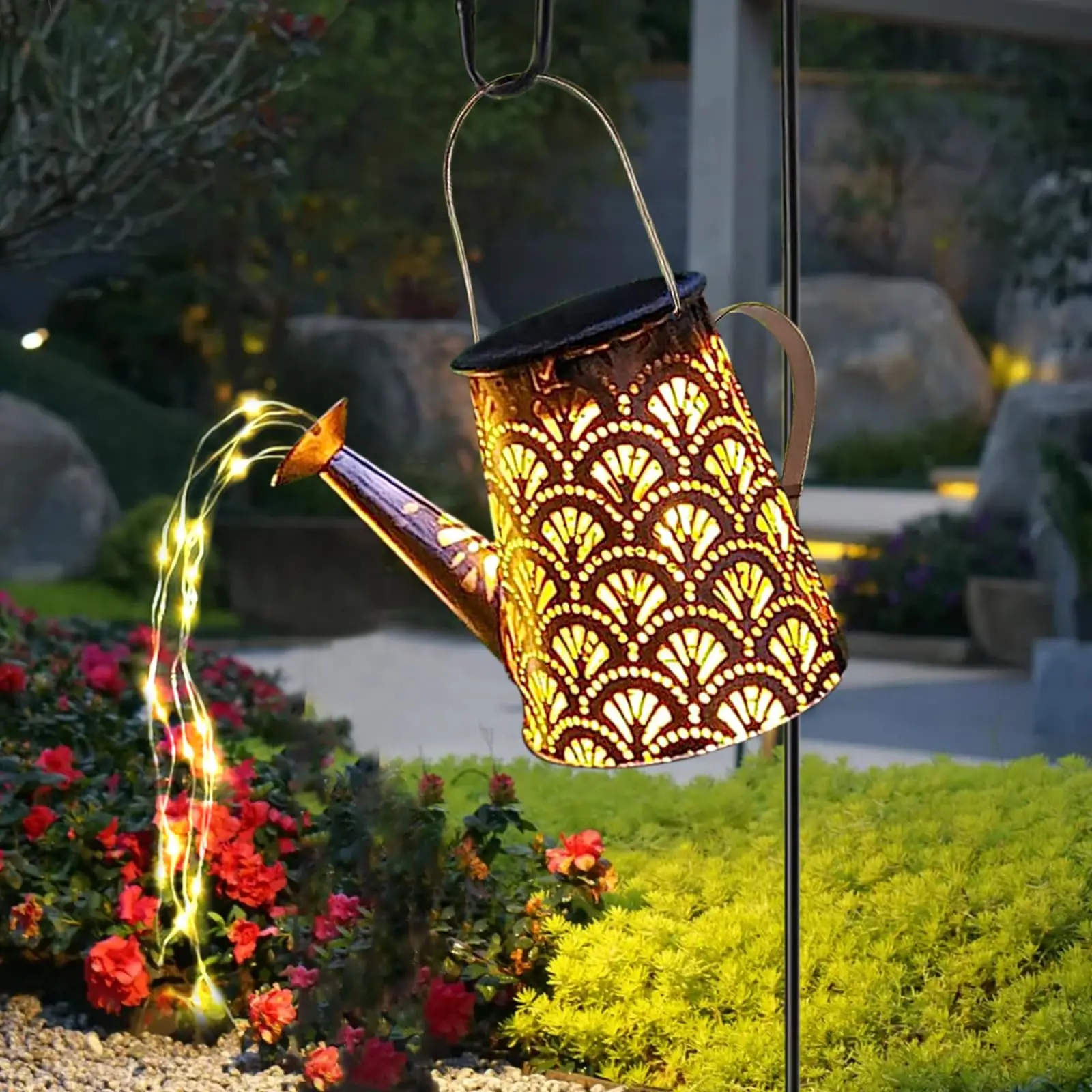 LQWELL ® Zonne-gestuurde gieter met waterval-lichtjes, buitenlamp, waterdichte tuinlamp, energielabel A, decoratieve verlichting voor tuin, gazon, pad, patio, balkon, buitenruimte