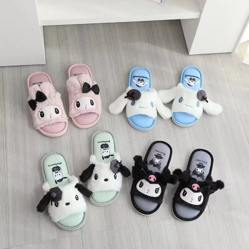 Sanrio autumn and winter Kulomi cute warm home women's shoes Melody cartoon non-slip thick-soled open-toed cotton slippers