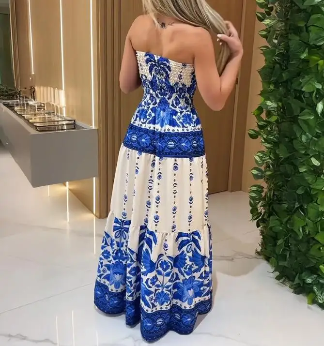 خمر البوهيمي نمط زهرة النبات طباعة الخصر Cinched ألف خط فستان بدون حمالات للسيدات الصيف فستان عطلة أنيقة #6