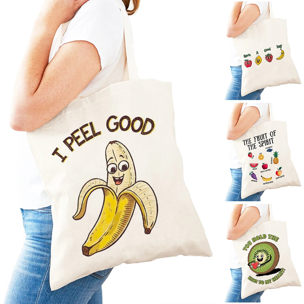 

Playful Funny Fruit Theme Girl Shopping Bags Cartoon Banana Lady Daily Use Tote Bag Cute Cartoon Design Women Shopper Satchel