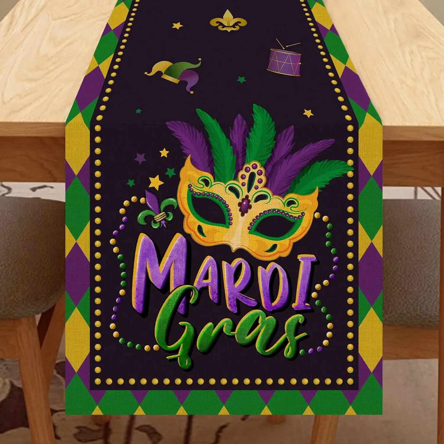 Mardi Gras Mask Purple Green Linen Table Runner Party Decor Carnival Festival Kitchen Dining Table Runner Mardi Gras Decorations