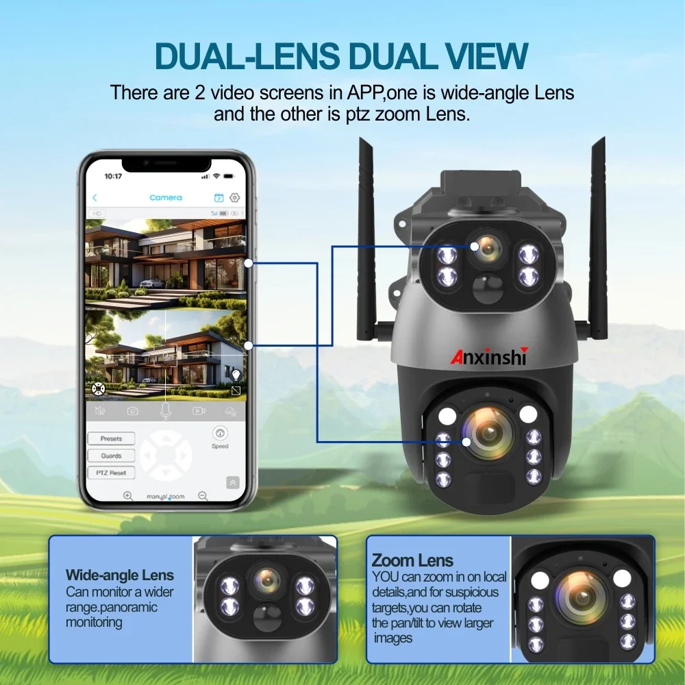 Anxinshi Brand 4G LTE Solar Powered Wireless UBox App Solar Camera with 50X Zoom Support Two Way Audio with Two Solar Panel