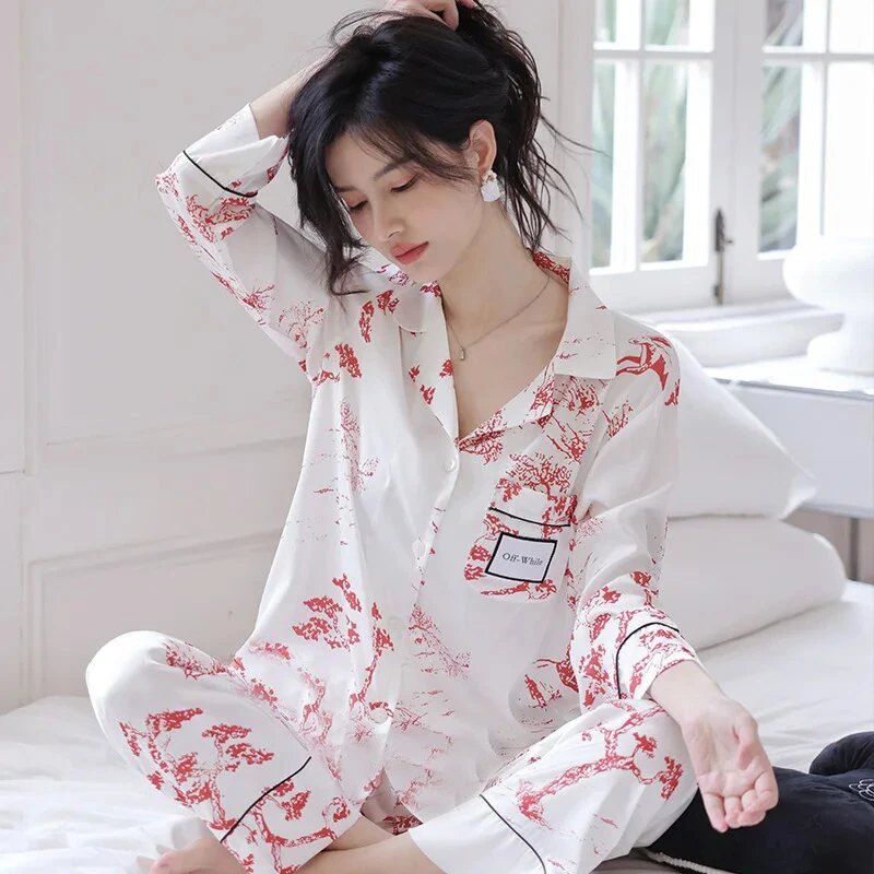 Chinese Style Female Pajamas Set Loungewear Elegant Print Sleepwear Trouser Pijamas Suit Spring Summer Satin Nightwear Home Wear