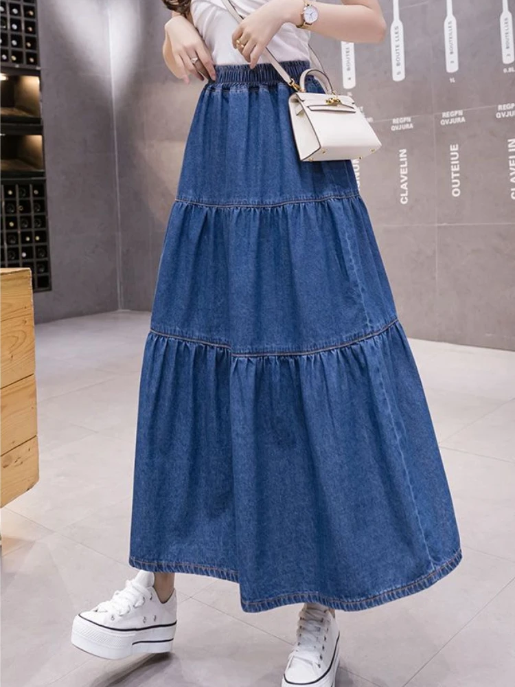 Korobov Denim Long Skirt Half Cake Umbrella Skirts for Woman Mid-length Elastic High Waist Dress Korean Fashion Y2k Clothing