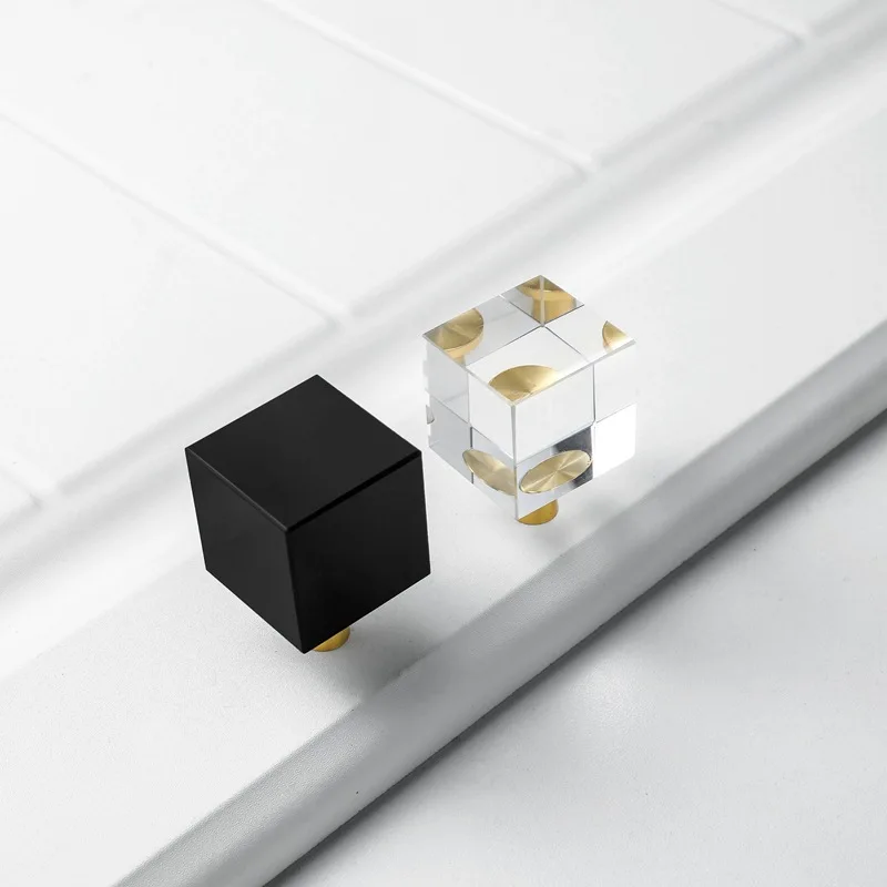 Square Crystal Brass Handle Door Pull Bright Single Hole for Bookcase Drawer Wine Cabinet Handles Furniture Cabinet Knobs