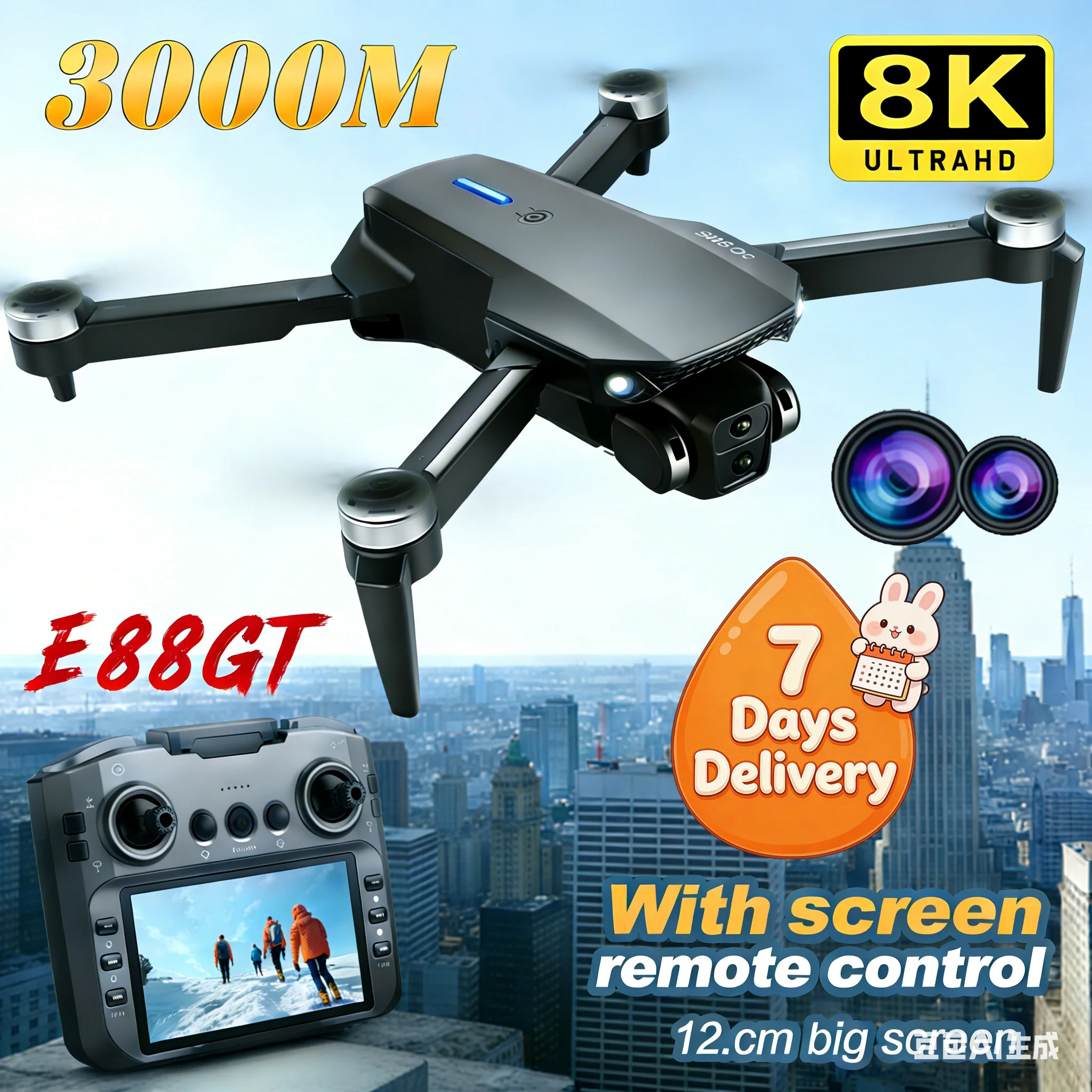 New E88GT 8K HD Camera Large Screen WiFi FPV Drone Foldable Quadcopter RC UAV for Aerial Photography Live Streaming Travel Gifts