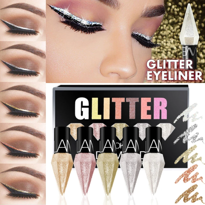 5-teiliges Set Diamant-Flüssig-Eyeliner Professionelle Glänzende Kosmetik für Frauen Silber Gold Farbe Flüssiger Glitzer-Augenliner Beauty Make-up