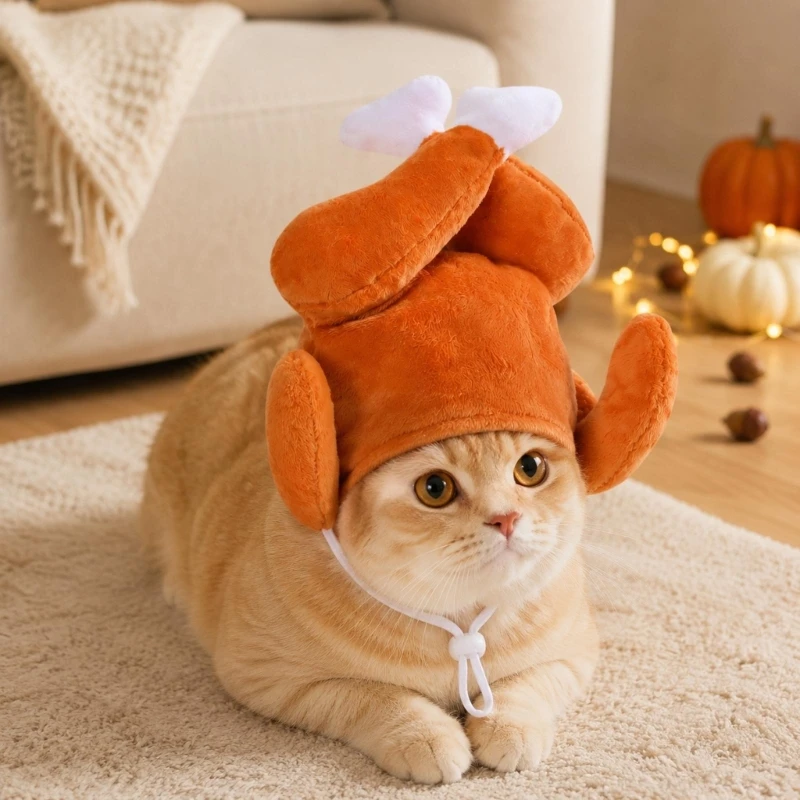 E28F Holiday Pet Costume Hat with 3D Chicken Shape, Short Plush Fabric, and a Flexible Adjustable Fastener for Pictures, Videos,