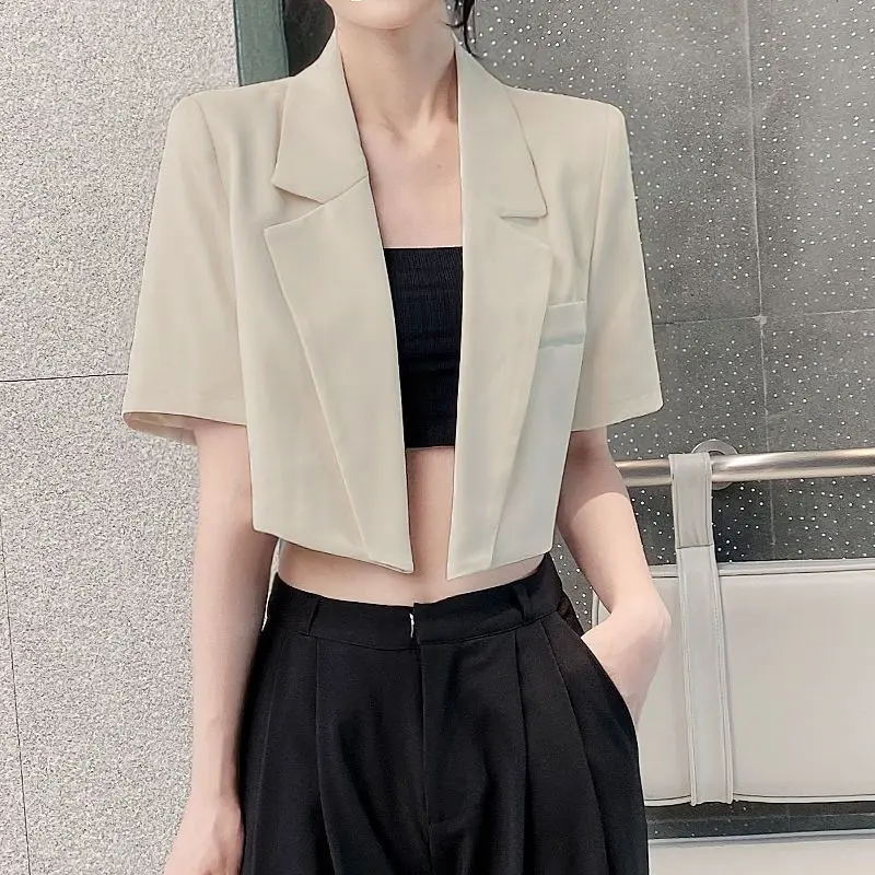 Elegant Women Cropped Short Sleeve Lapel Open Front Loose Shoulder Slim Casual Outerwear