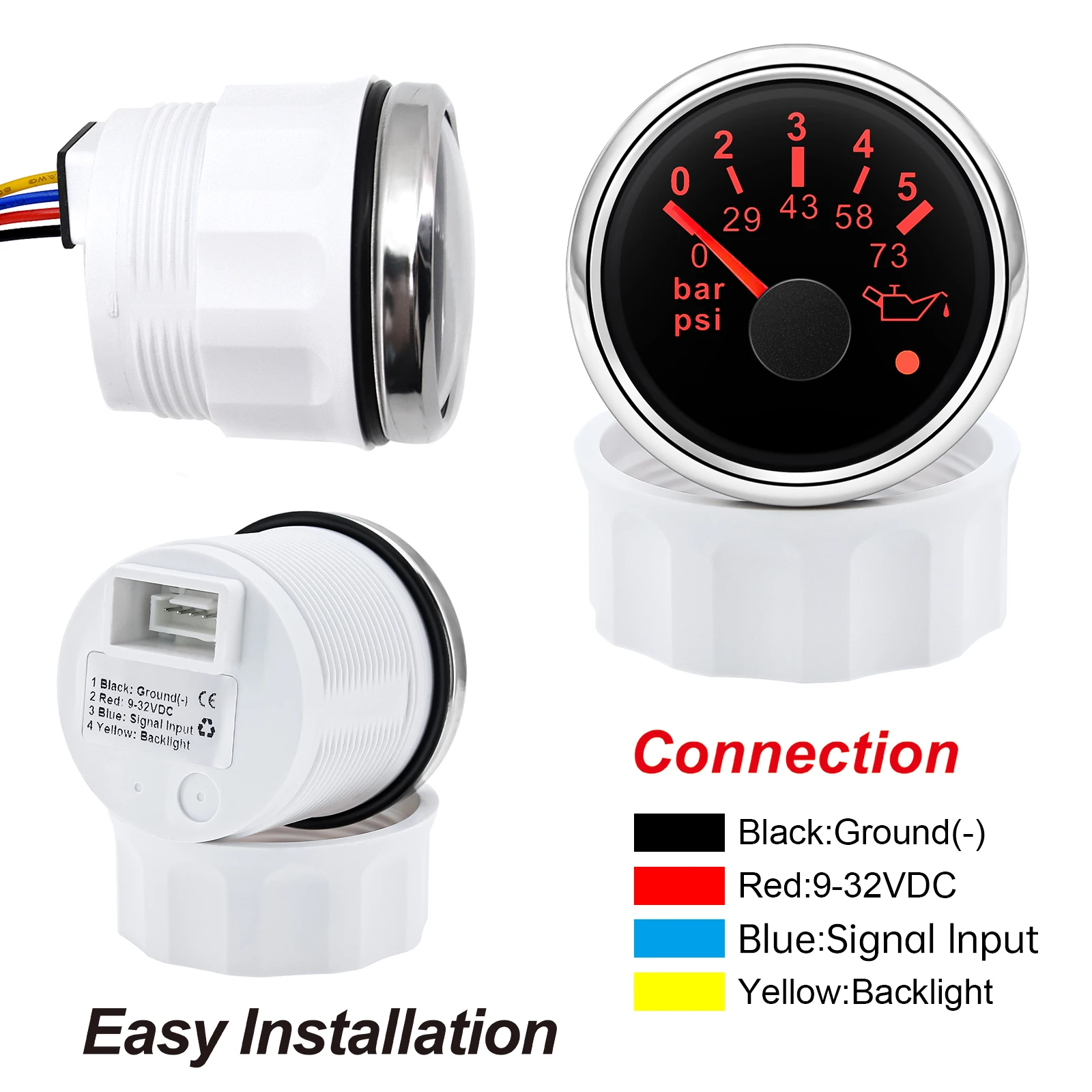 Medidor de presión de aceite, Sensor de presión de 52mm, 0-5bar, 0-10bar, psi, con alarma, luz roja para coche, barco, motocicleta marina, 12V, 24V