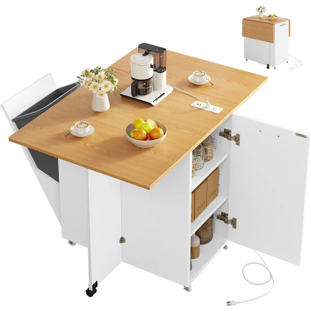 

Folding Kitchen Table with Power Outlet, Drop Leaf Kitchen Island Table for 2 on Wheels, Convertible Trash Can Storage Cabinet