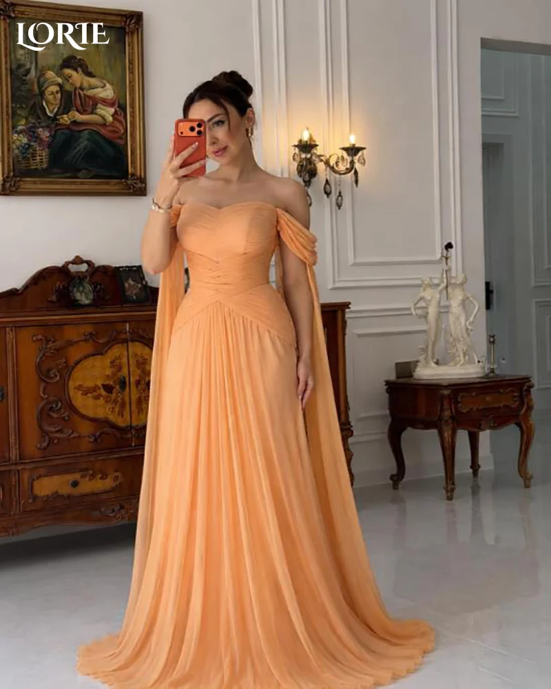 LORIE Crepe Sweetheart Orange Evening Dress Off Shoulder Chiffon Princess Prom Dress A-Line Shawl Pleats Party Gown Customized