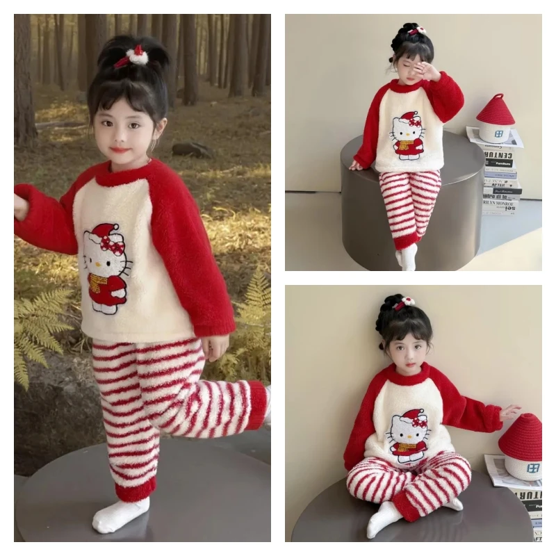 

Популярный пижамный комплект Sanrio для девочек Hello Kitty Kawaii, модные аниме, осенне-зимние теплые штаны с длинными рукавами, детская одежда
