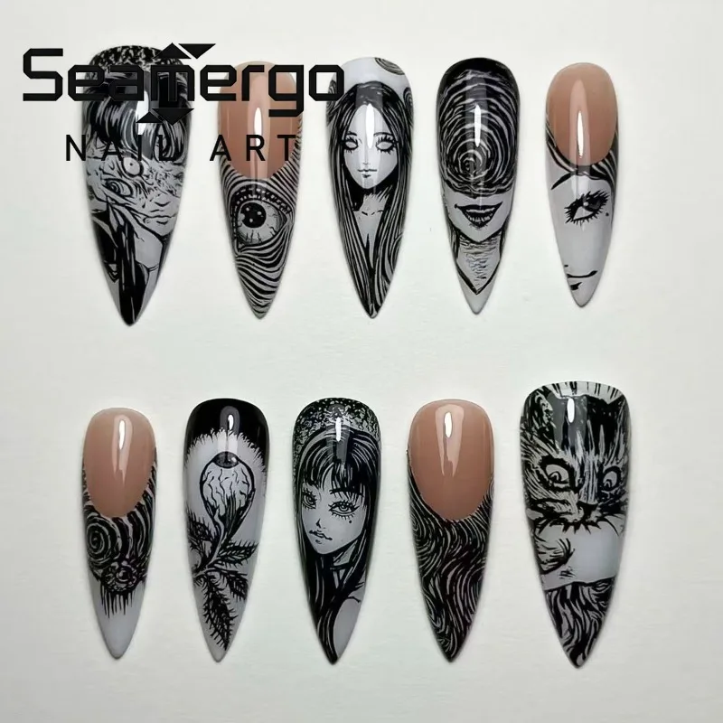 

24PCS Stiletto False Nails Artistic Hand-drawn Comic Patterns French Press on Nails Full Cover Sweet Cool Ins Nail Tips Wearable