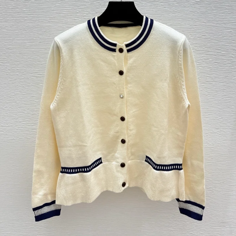 

High-quality women's single-button striped round-neck cardigan with ruffled bottom edge popular sweater 25916177