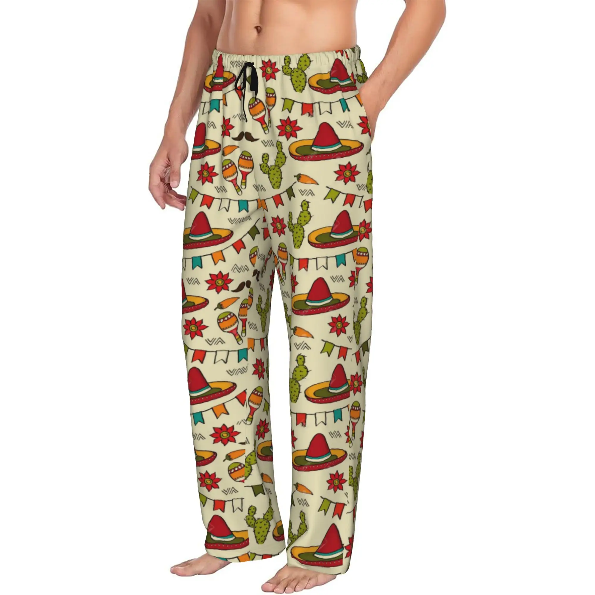 Custom Colorful Mexican  Day Pajama Pants Sleepwear Men Elastic Waistband  Sleep Lounge Bottoms with Pockets