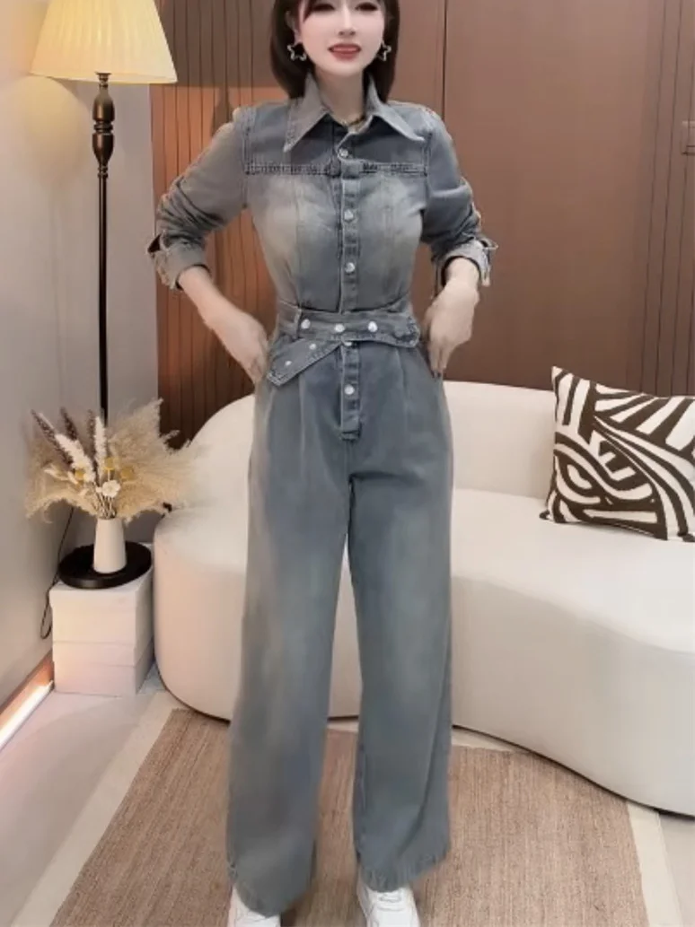 

Faionable Design Denim Jumpsuit Women's Long Sve Waist-Cinching Korean Sle Age-Defng Jumpsuit Trendy Spring 2026