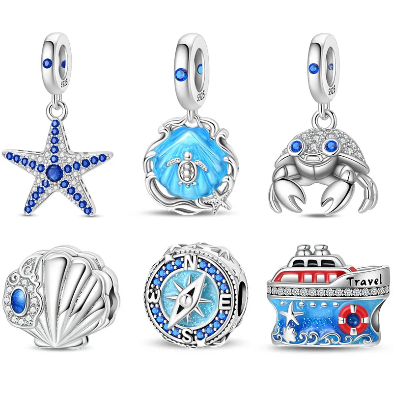

925 Sterling Silver Deep Sea Starfish Crab Ship Charms Pendant For Women Fit Original Bracelet DIY Birthday Party Jewelry Gifts