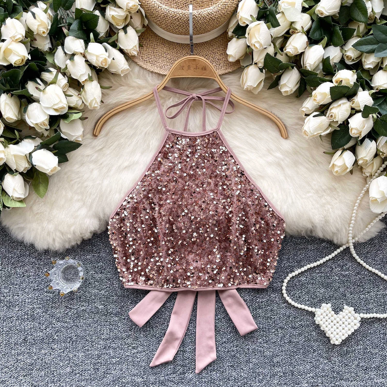 

Летний танцевальный топ с открытой спиной и блестками, укороченный топ с бантом, детская одежда для малышей от 3 до 16 лет, майка для маленьких девочек, висящий жилет на шее, топ-труба