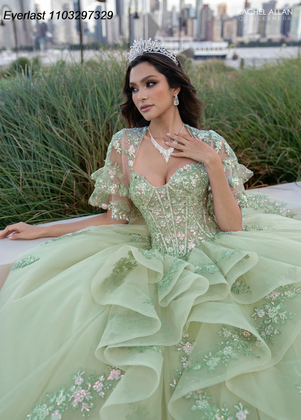 EVLAST Glitter Mint Quinceanera Dress Ball Gown Lace Applique Crystals Beads With Cape Tiered Sweet 16 Vestido De 15 Anos TQD461