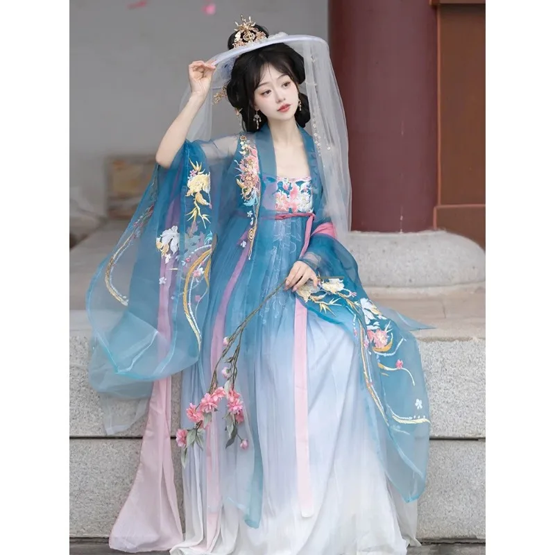 Hanfu dress Ancient Chinese heavy industry embroidery chest-length big sleeve shirt retro elegant temperament fairy dance dress