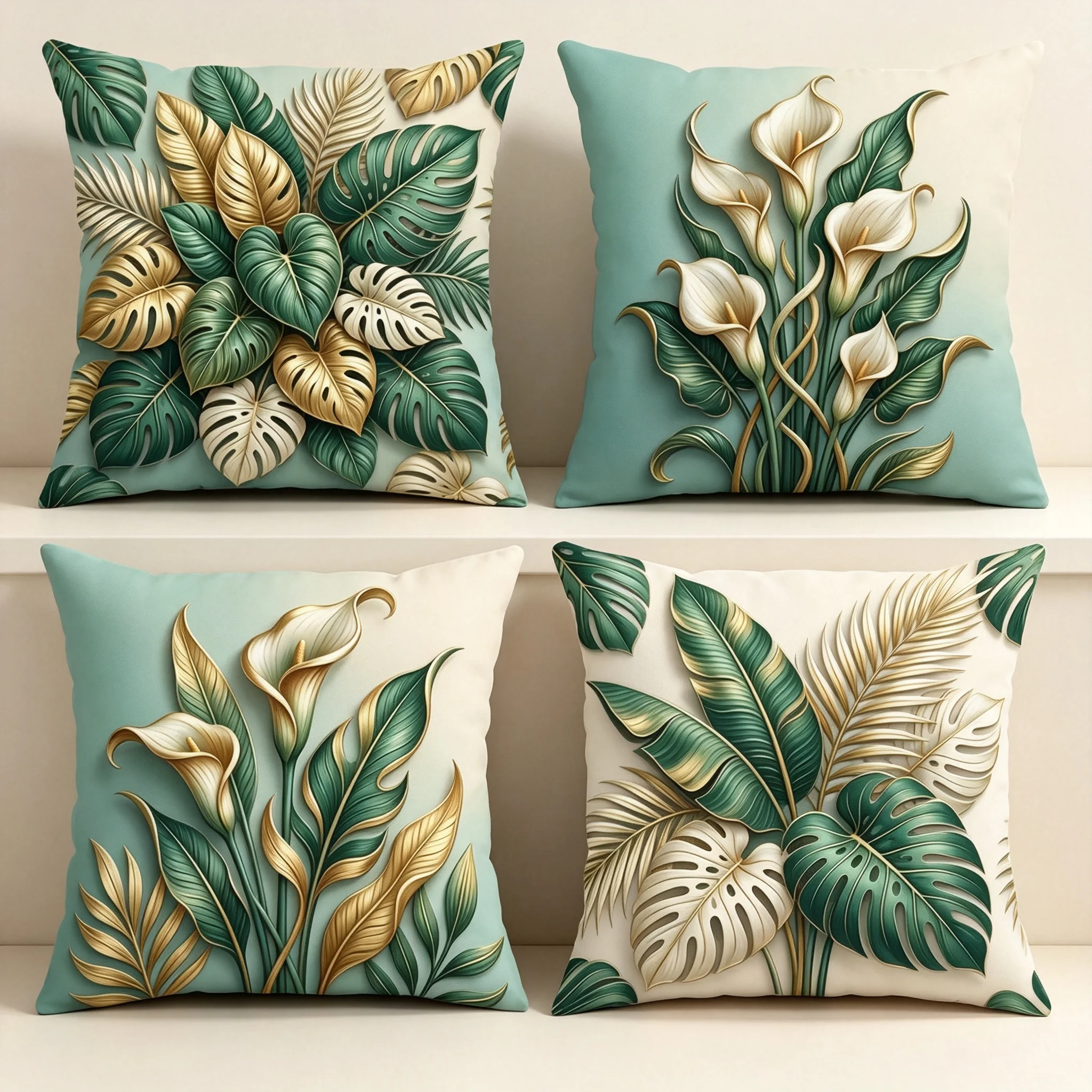 4Pcs Tropical Leaf Pillow Covers Calla Lily Monstera Palm Leaf Gold Green Cushion Cases for Sofa Living Room Home Decor
