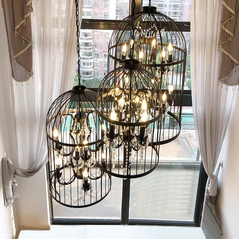 American Retro Birdcage Iron Crystal Led Pendant Lamp Restaurant Living Room Coffee Shop Creative Chandelier Home Decor Lighting