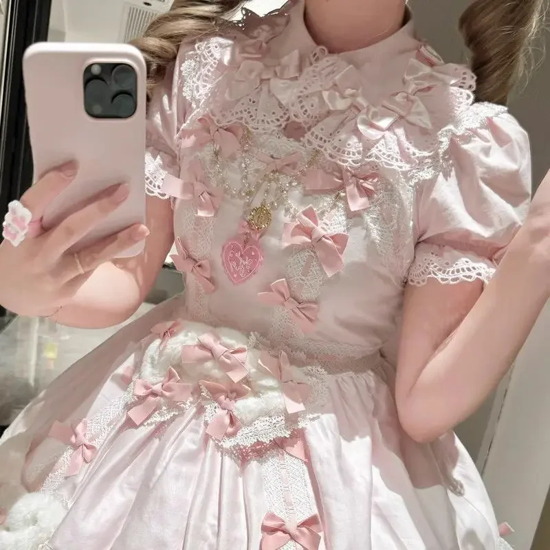 Japanse Kawaii Lolita Blouses Vrouwen Zoete Boog Ruches Katoenen Top Zomer Meisjes Preppy Stijl Bladerdeeg Korte Mouw Leuke Shirts