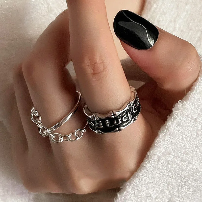 KADRUFI Punk Vintage Cross Link Black Metal Good Luck Finger Rings for Women Y2K Hip Hop Korean Fashion Opening Ring Jewelry