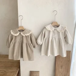 Vestido de pana de manga larga con cuello Peter Pan para niños, Primavera