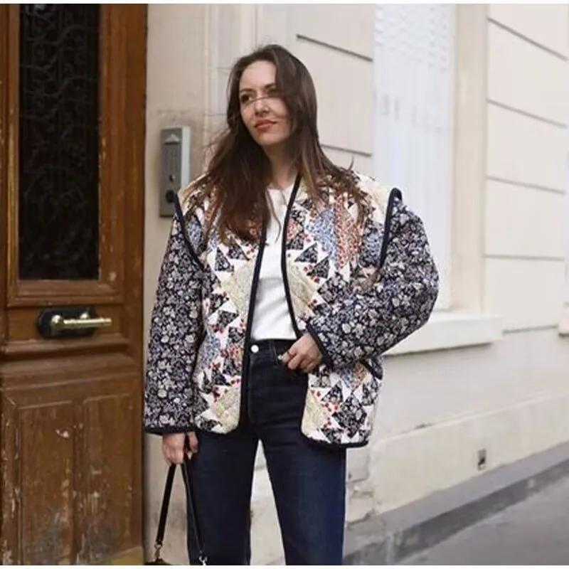 Herfst Winter Nieuwe collectie Korte bedrukte katoenen jas Damesmode Patchwork Loose Fit Fake tweedelige katoenen jas