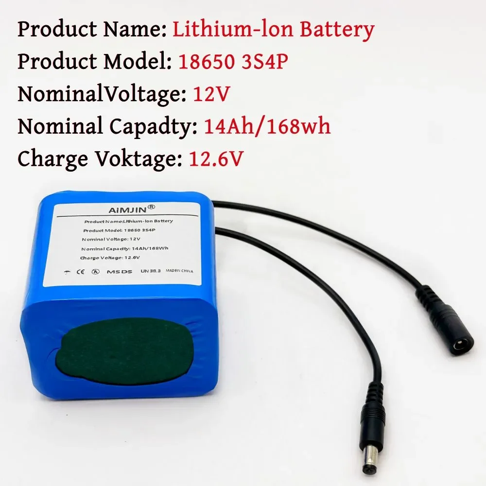 

! Рыболовная батарея 12 В 3S4P 20 Ач Портативная батарея 12 В Литий-ионная аккумуляторная батарея Емкость DC 12,6 В Камера Монитор + зарядное устройство