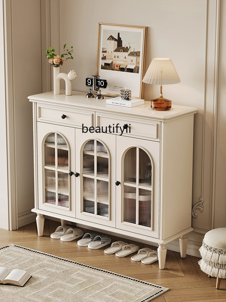 

French cream style all solid wood, entrance cabinet integrated household door entry American three-door storage cabinet