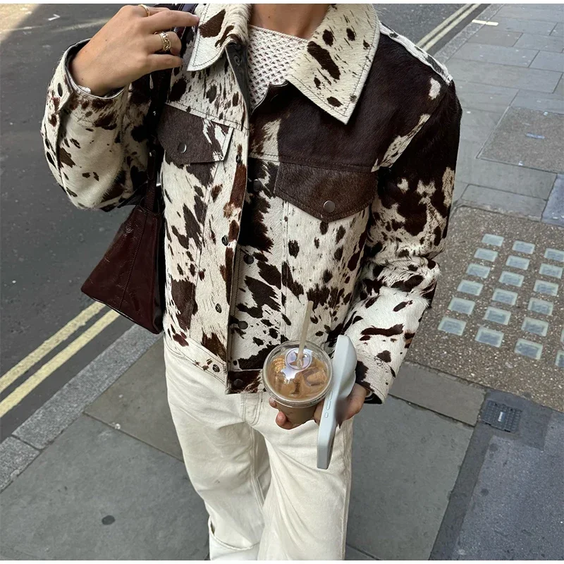 معاطف بأكمام طويلة وجيوب ضيقة معاطف عالية الشارع للتنقل في الخريف ملابس خارجية عصرية مطبوعة للنساء سترة من الفرو الجلدي غير رسمية #3