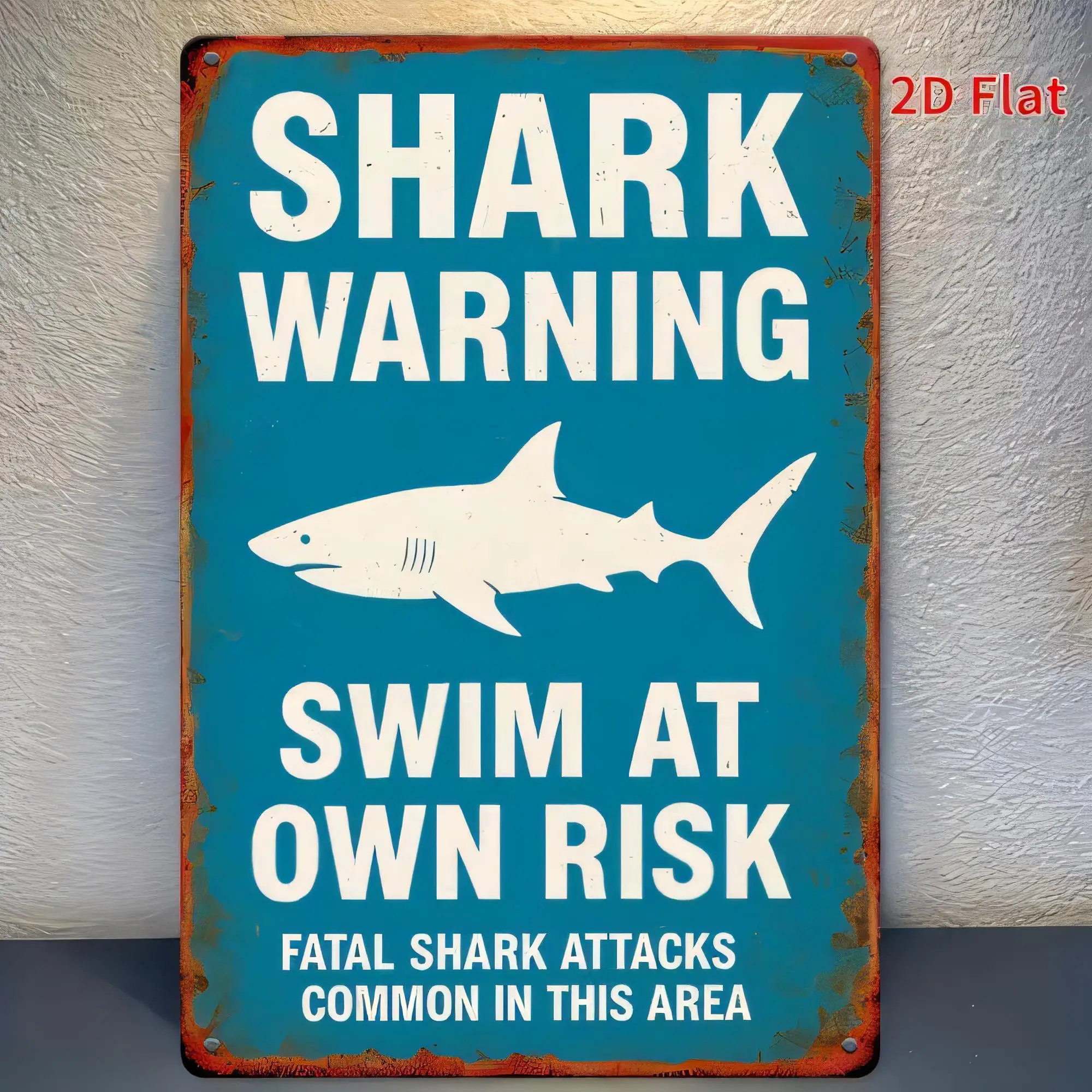 Tin Sign Shark Warning Swim At Own Risk 2D Flat Vintage Metal Plaque for Bathroom Wall Decor Beach Bar Pub Poster Retro Warning
