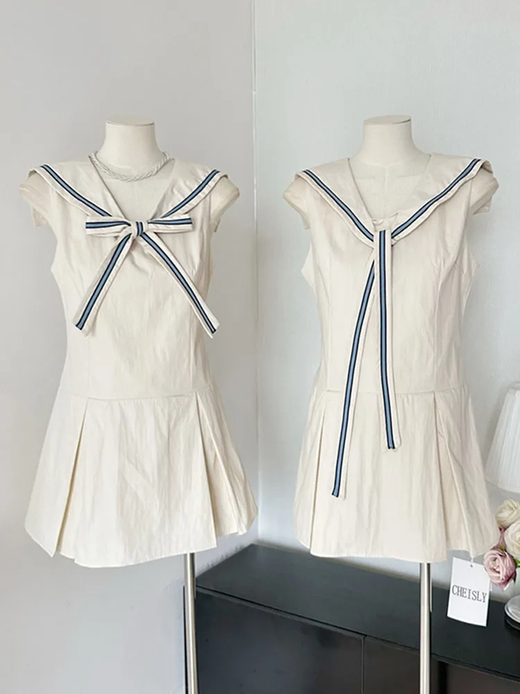 Fashion Sailor Collar Sleeveless A-line Dress Women Sweet Cute Bow Mini Dress Summer 2024 Retro One-Piece Frocks Preppy Style