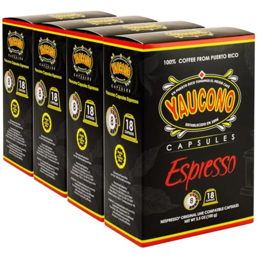 

Капсулы для эспрессо Yaucono, обжаренный кофе 100% из Пуэрто-Рико, совместимы с кофемашинами Nespresso, упаковка 18 штук.