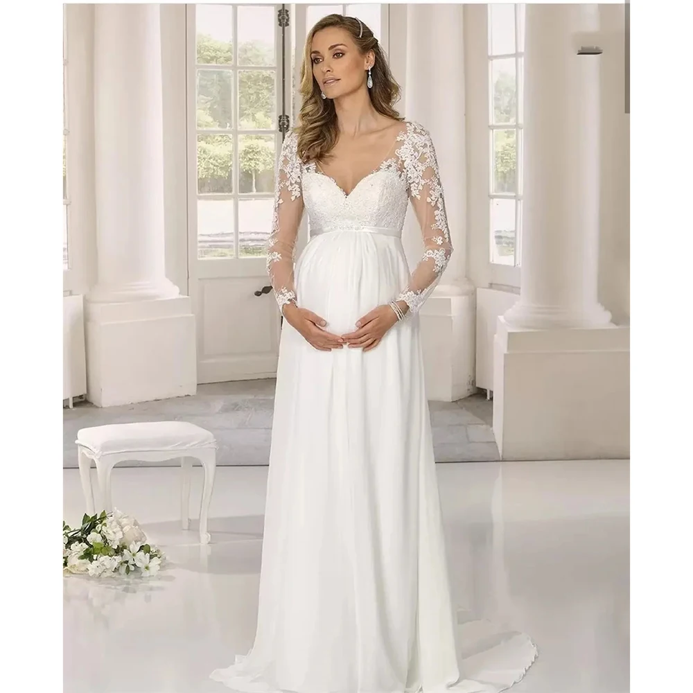 Robe de mariée élégante à col en V pour femmes enceintes, appliques en dentelle, ligne A, manches longues, robe de patients, robe de mariée personnalisée, ALTERBride