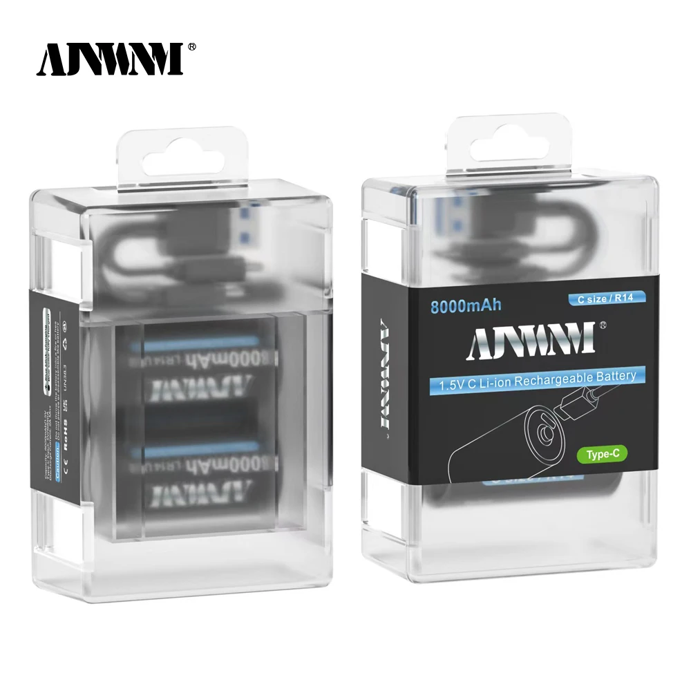 AJNWNM C Size LR14 C Cell Rechargeable Battery R14 8000mAh 1.5v Li-Ion Batteries for Flashlight Gas Cooker+USB Type-C Cable