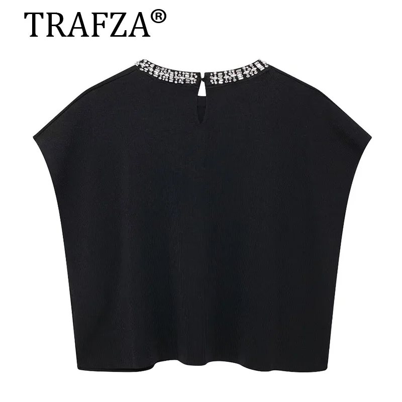 TRAFZA Vintage Chic Women Knitted T-Shirts Solid Short Sleeve Diamond O-Neck Top New Fashion 2024 Autumn Casual Vest Sweaters