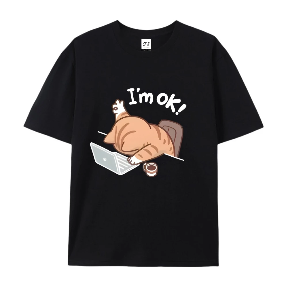 ฉันโอเค น่ารักการ์ตูนคิตตี้แคทกราฟิกเสื้อยืดผ้าฝ้ายเสื้อฤดูร้อนสวมใส่คิวท์คอร์สไตล์เสื้อผ้าสำหรับเด็กผู้หญิงผู้ชาย