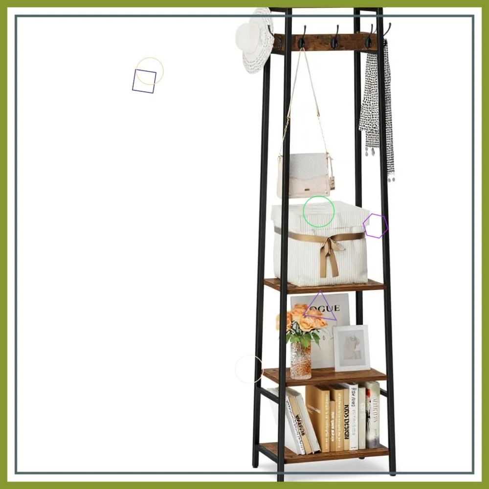 

Freestanding Coat Rack with 3 Shelves and 7 Hooks, Industrial Style in Rustic Brown and Black