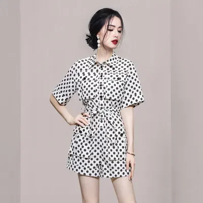 

White Polka Dot Hong Kong Sle Workwear Jumpsuit ort Sve Collar Skirt High Waist ort Pants Commute Thin Fabric