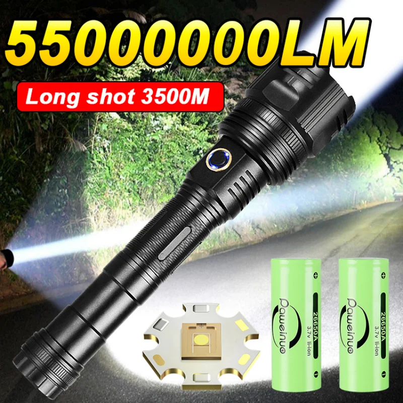 

55000000LM Ultra-High Power LED Flashlight Waterproof Tactical Torch Rechargeable Lamp 26650 Outdoor Work Light Camping Lantern
